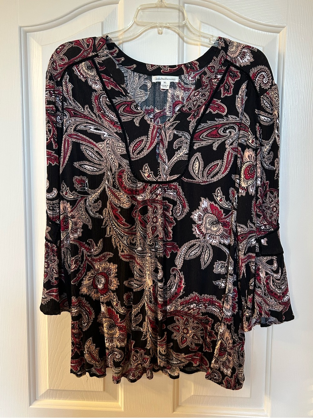 JohnPaulRichard Black and Burgundy Paisley V-Neck Blouse